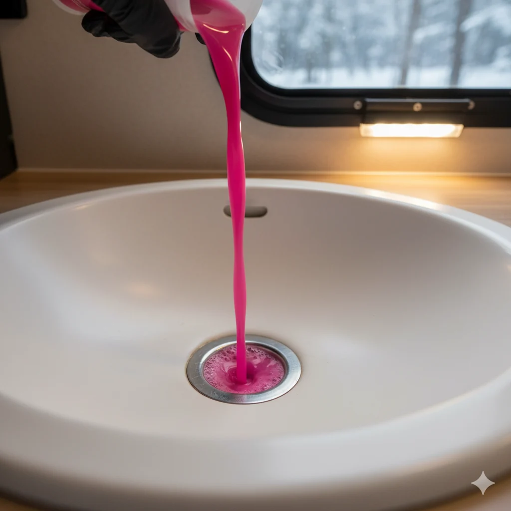 Demonstrates the final step of pouring antifreeze down drains.