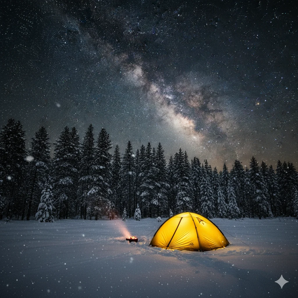 Captures the emotional satisfaction of successful winter camping.