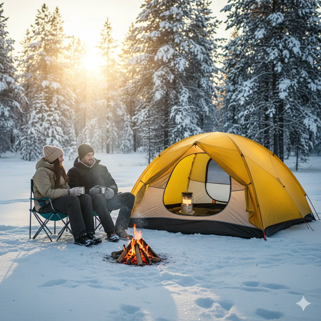 Couple camping in snow near a glowing tent with heater inside