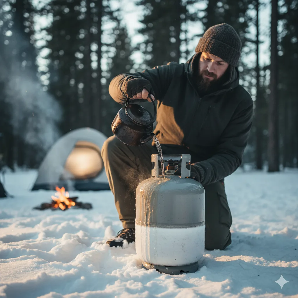 Camper pouring warm water on a propane tank to check fuel level, outdoor campsite setting, natural light, realistic photography.