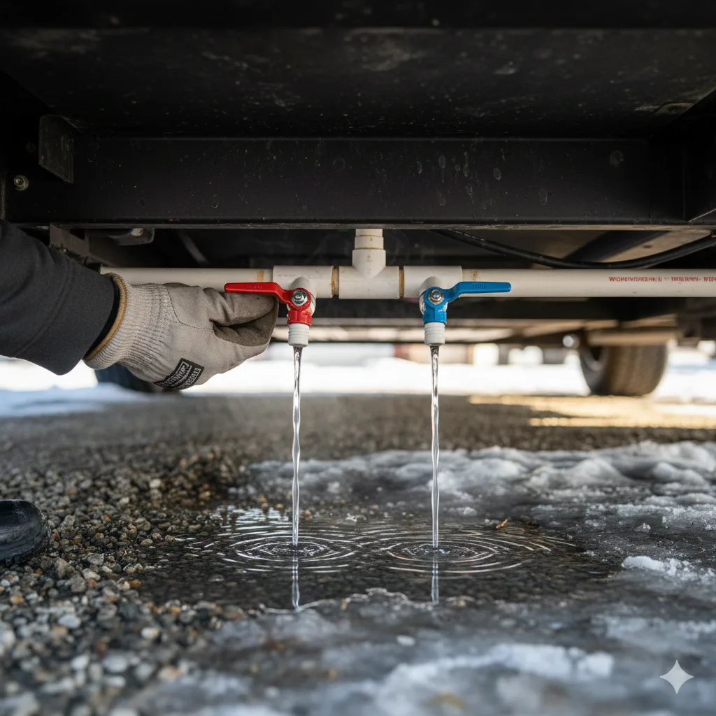 how to drain rv fresh water tank using low point drains